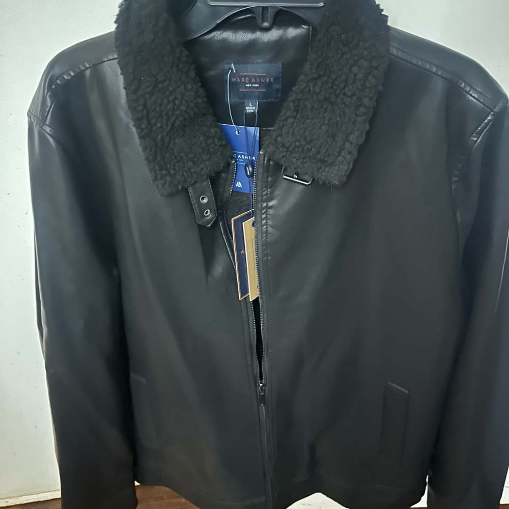 Marc Asher New York  Mens Black Faux Leather Bomber Jacket with Shearling Collar